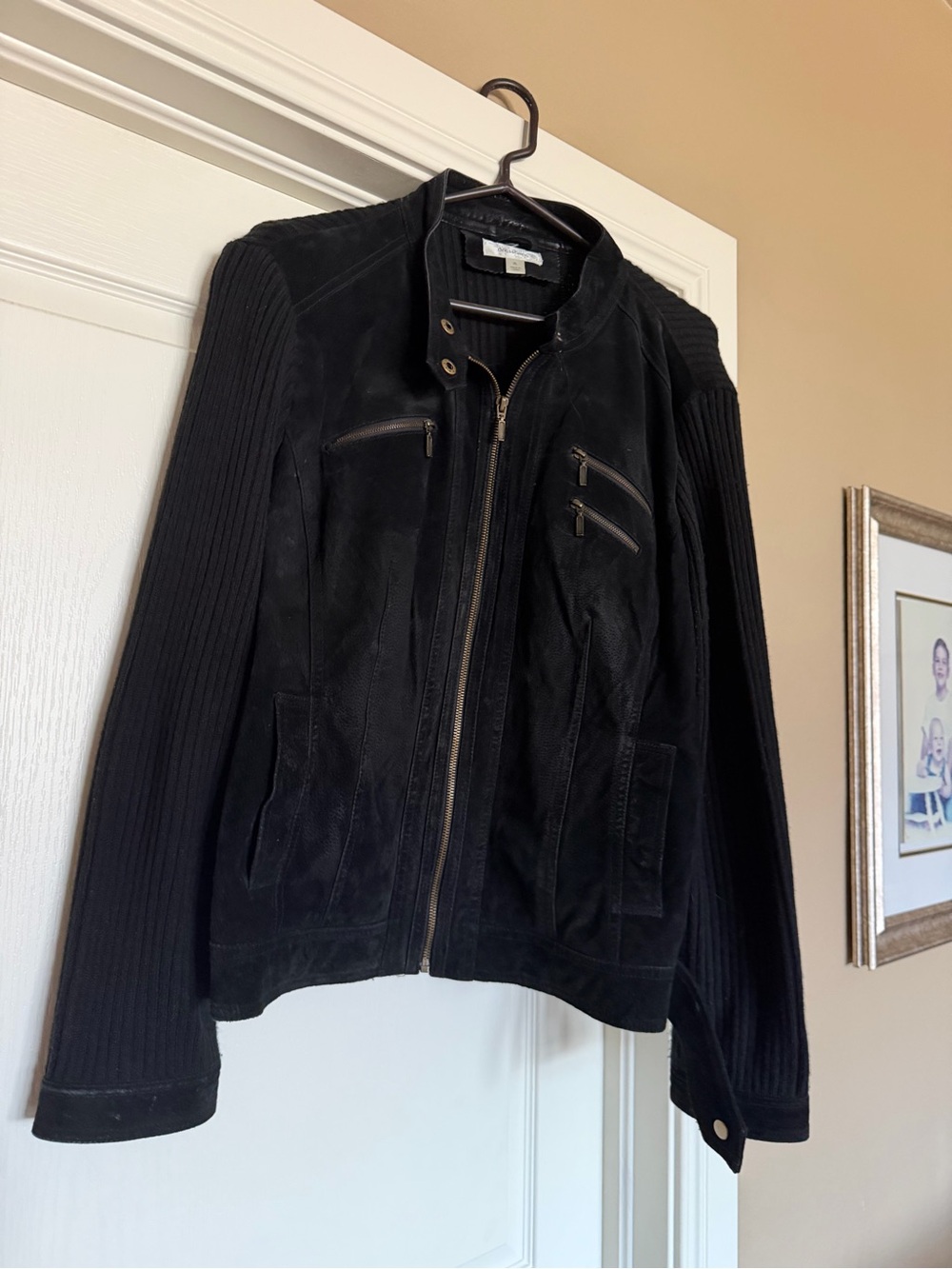 Dress Barn Black Zip-Front Suede & Knit Sleeve Jacket